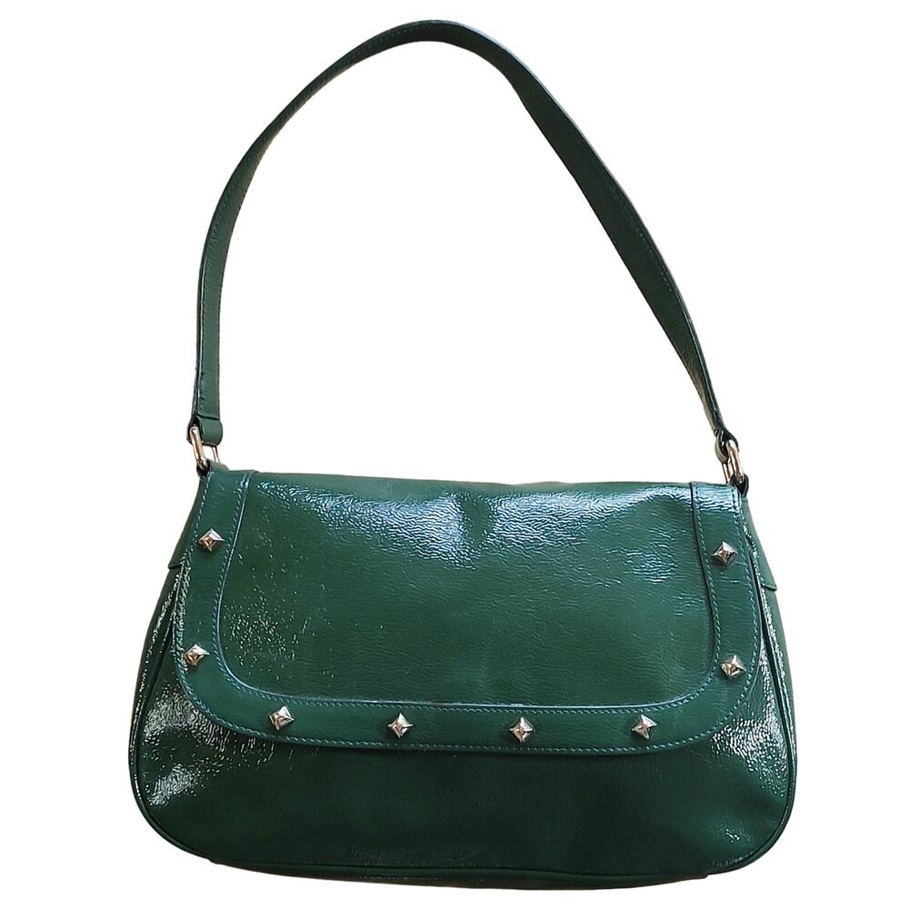Baekgaard - Green Genuine Patent Leather Purse w/ Studs & Fun Bright Pink Lining